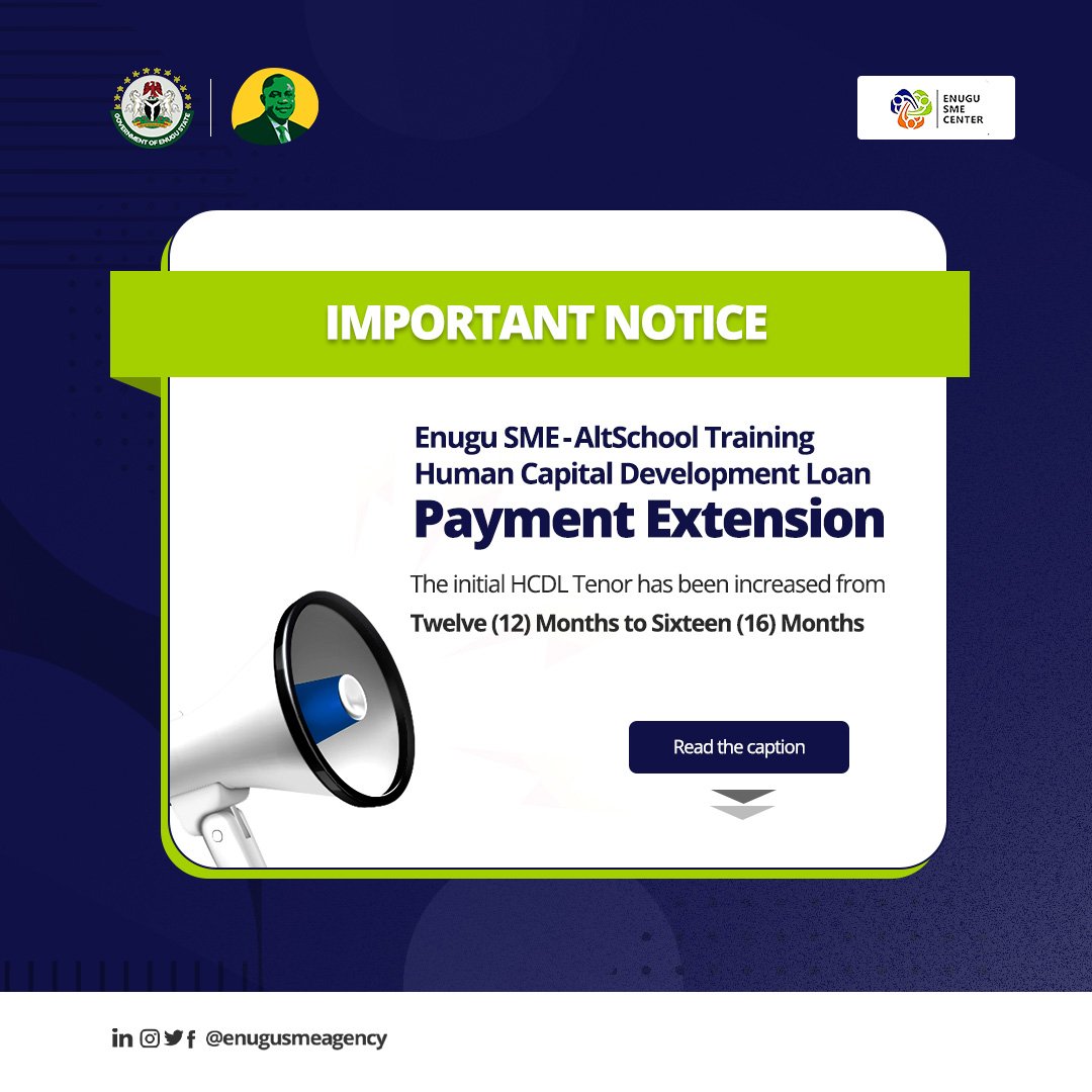 enugusmeagency's tweet photo. We have extended the loan repayment period for the Enugu SME/AltSchool Training Program.

You now have the flexibility to pay back in 1 year and 4 months instead of 12 months. 

Thanks to @PNMbah for spearheading this initiative. 

#PeterGoWork https://t.co/itDLoX5NYj