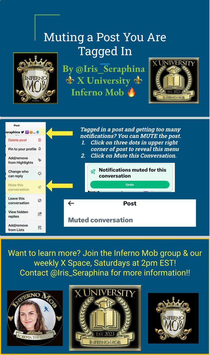 iris_seraphina's tweet photo. ⚜️X University ⚜️

🔔 Have you been tagged in a post and are getting too many notifications? 🔔 

🔕 You can MUTE the post!! 🔕

1. Click on three dots in upper right corner of post to reveal this menu
2. Click on Mute this Conversation. 

It’s as easy as that!! 

#XUniversity ⚜️
#InfernoMob 🔥 

⚜️ Join us Saturdays at 2pm EST on X Space for X University: An Open Forum of X Knowledge Sharing ⚜️

🔔 Set A Reminder for Saturday via this Space Link: https://t.co/vzNxTSxQnX