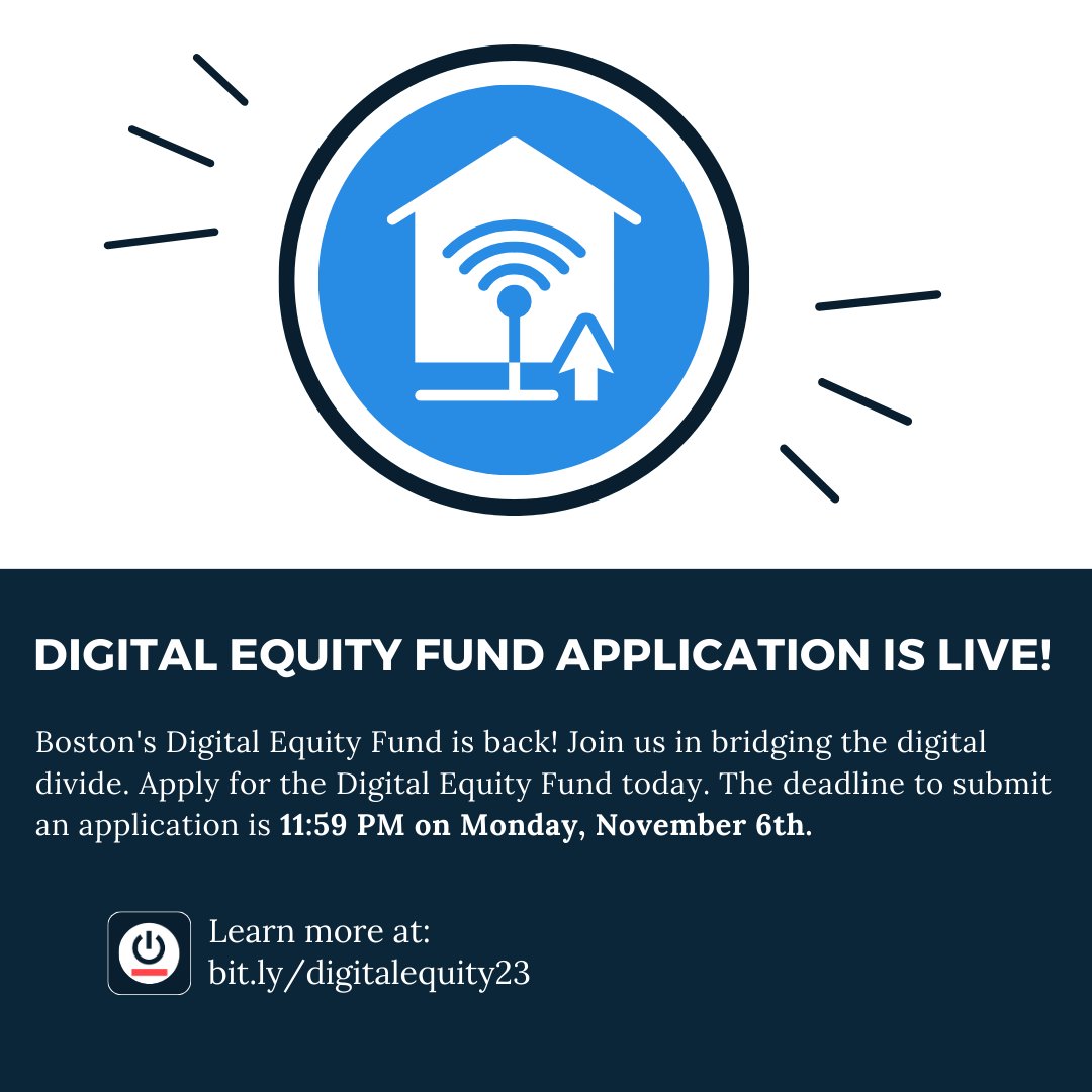 #DIW2023 isn't stopping for us! The 2023 Digital Equity Fund is here! Thanks to <a href="/MassBroadband/">Mass. Broadband Institute (MBI)</a>, we're offering $1,522,200 in funding for the Affordable Connectivity Program, Telehealth, and Device Refurbishment. Apply by Nov 6, 2023.  

Details at bit.ly/digitalequity23