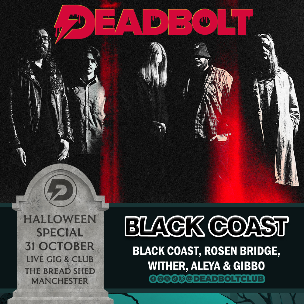 .@blackcoastuk will headline the live part of our huge Halloween party at The Bread Shed (Manchester) on October 31st! Support comes from @RosenBridgeUK, Wither, @aleyauk and Gibbo. Tickets include the clubnight and are available from redcardinalmusic.com 🪦