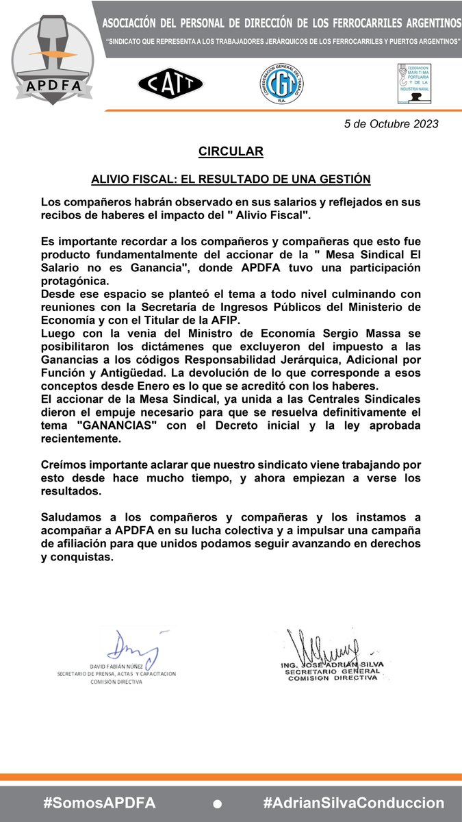 apdfanacional's tweet photo. ALIVIO FISCAL: EL RESULTADO DE UNA GESTIÓN

Los compañeros habrán observado en sus salarios y reflejados en sus recibos de haberes el impacto del " Alivio Fiscal".
Es importante recordar que esto fue producto del accionar de la " Mesa Sindical El Salario no es Ganancia" https://t.co/9Qa0lhmCFG