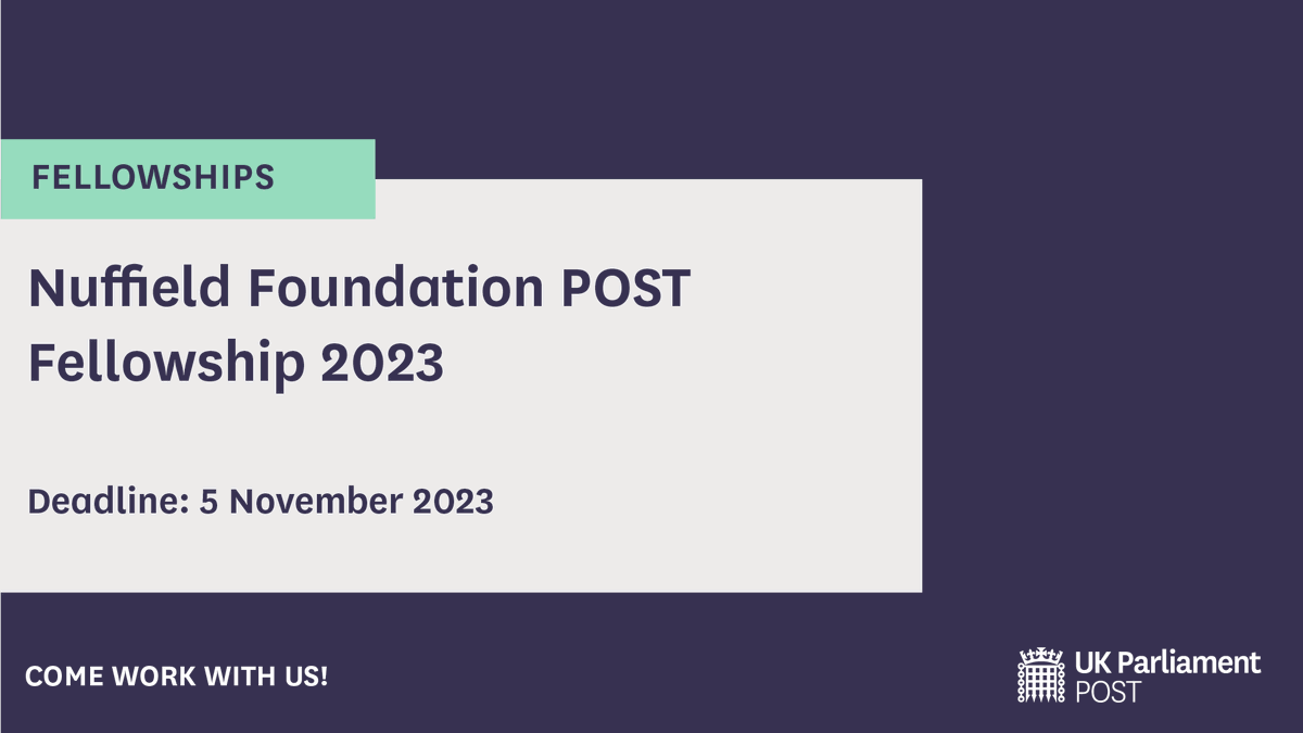 📢New fellowship alert!

Our latest fellowship with <a href="/NuffieldFound/">Nuffield Foundation</a> is open to PhD students working in natural, scientific or social science fields.

Find out more about the scheme, and how you could help support the use of research evidence in Parliament: post.parliament.uk/nuffield-found…