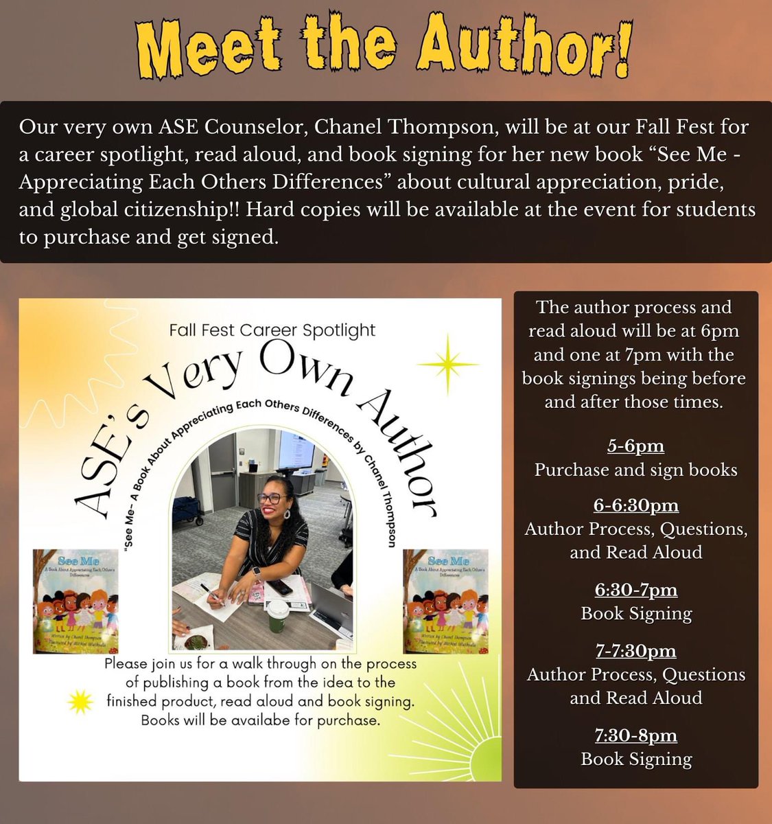 Did you know ASE has it's very own published author? @CThompson_ASE, will be talking about her new book 'See Me - Appreciating Each Others Differences' taking questions and signing books at ASE’s Fall Fest (October, Friday the 13th) so come see her inside on Main St!! #HumbleISD