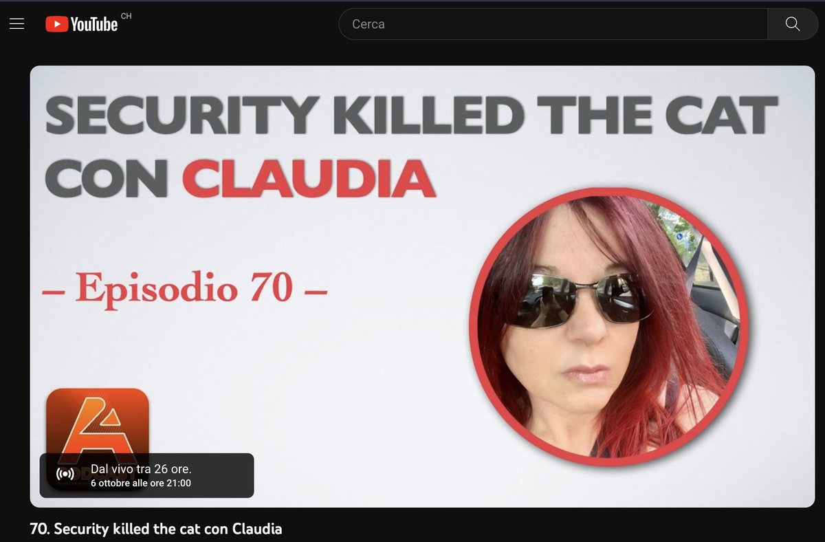 Per chi fosse interessato: Security killed the cat con <a href="/signorina37H/">Claudia</a> | 6 ottobre, ore 21,00 🦄 🐈‍⬛
youtube.com/live/uyO5hsx6d…