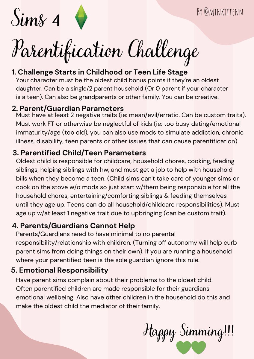 Here are the streamlined rules for the Sims 4 Parentification Challenge I played yesterday for the @MHealthEvent!!

I found it quite cathartic to see my own childhood simulated in the game. Even my SIMS child is stressed, kid me was so justified 😭

#Sims4 #MentalHealthAwareness