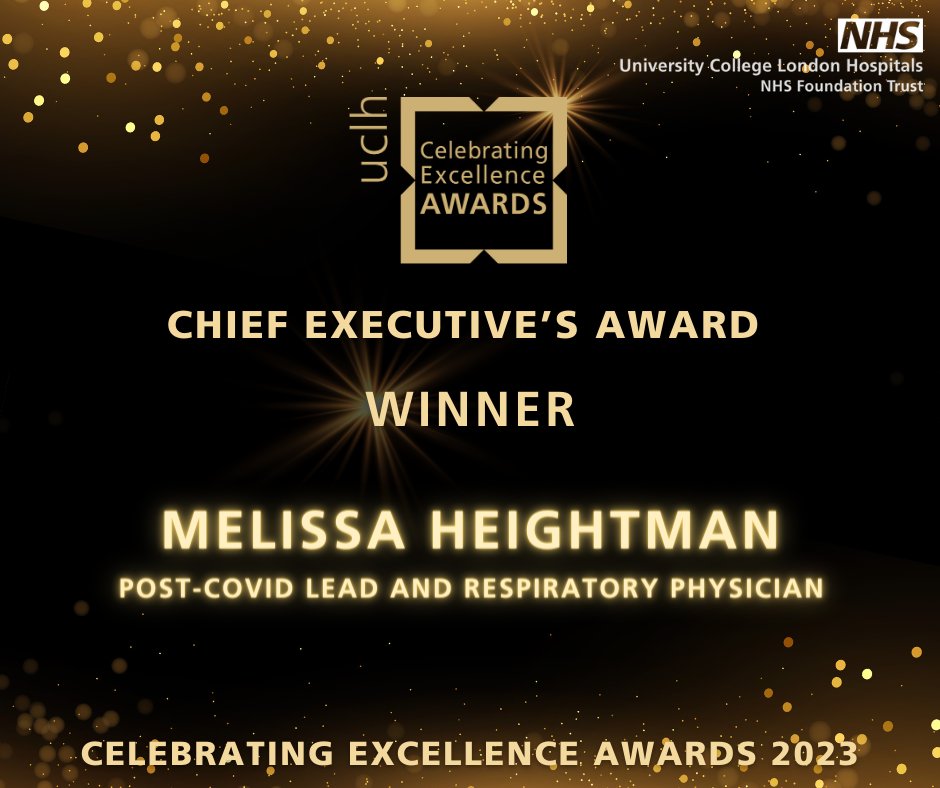 The 2023 Chief Executive Award goes to...Dr Melissa Heightman, post-COVID lead and respiratory physician!

Dr Heightman is a pioneering clinician who puts others before herself, showing amazing kindness to all. Well done, Melissa!