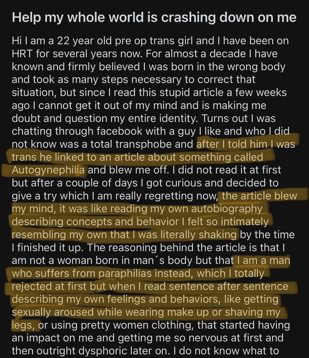 Rob_ThaBuilder's tweet photo. Man who thinks he's a woman has existential crisis when he realizes that actual women don't get sexually aroused from shaving their legs, applying makeup, or wearing "pretty girl clothing".

Walls come crashing down as he begins to consider the idea that its actually just been a fetish all along