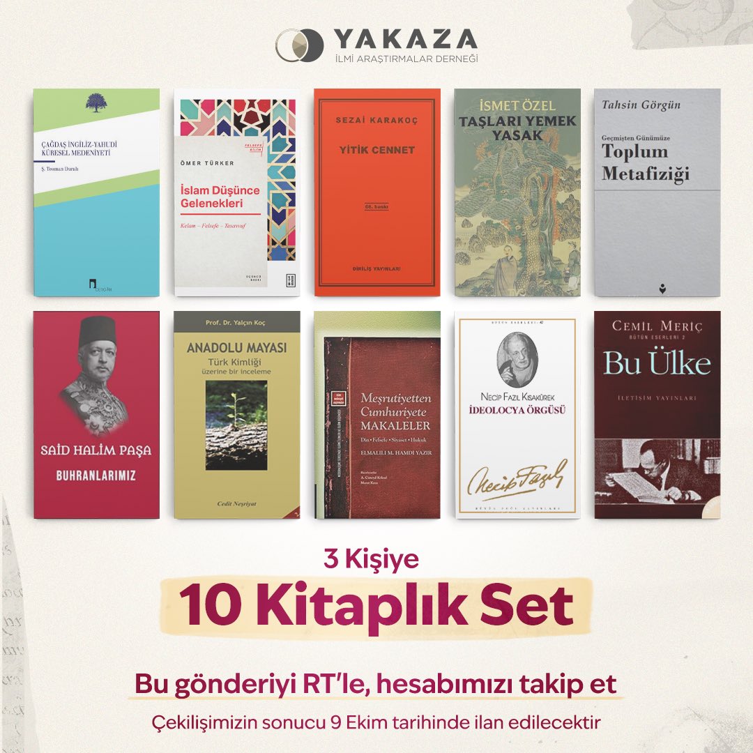 📚Kitap Çekilişi

Yakaza Akademi bu dönem 3 kademede birbirinden değerli isimleri ağırlayacak. 

Başvuru ve detaylar: yakazadernegi.com/yakaza-akademi/

Akademi başlamadan önce çekilişle 3 kişiye aşağıdaki 10 kitaptan oluşan seti hediye edeceğiz! 

Bu tweeti RT’le, bizi takip et, çekilişe