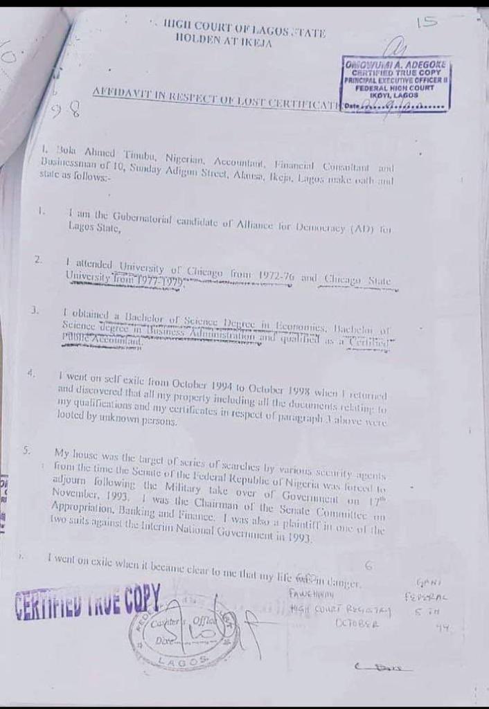 Frankekechukwu's tweet photo. INEC DID A VERY BIG DISSERVICE TO NIGERIANS

There was reason why or nothing wrong for INEC cross checking Tinubu application of 1999 with that of 2023 and disqualifying him immediately.
IT IS CALLED DUE DILIGENCE 

Tinubu aka Amoda or should I say Amoda aka Tinubu, whichever one fits (sometimes I get confused with these names) has been engaged in forgery and perjury from the beginning.

Below was sworn affidavit he filed with INEC for governorship election in 1999

This affidavit alone in a normal circumstances should have disqualified and send him to prison if Justice is to be upheld.

In this 1999 affidavit, Tinubu claimed to graduate in Economics from University of Chicago, not Chicago State University, this is a certified lie. 

He also claimed to be a Certified Public Accountant, with no documentation to prove it.

He claimed to have lost all his certificates in 1999 when indeed he had no single certificate. 
Festus Keyamo @fkeyamo noticed all these in 1999, but today he defending him with eyes closed

Fast forward to 2023, HE DECIDED TO FORGE ONE

Where is his certificate (diploma) from University of Chicago where he studied Economics from 1972 to 1976?

 I stand on previous assertion that Tinubu, pardon me “Amoda Yekini Sangodele” never attended neither CSU or Chicago State nor Southwest College. Today the affidavit proved me right!

Now, to address Reno Omokri @renoomokri on the CSU having a third party vendor.
No doubt CSU can have a third party vendor but that is between CSU and the party vendor.

Every student of CSU that loses his or her certificate must apply directly to CSU to replace their certificate. 

Although every institution have their process for certificate replacement which may include the student paying certain amount to the school directly through money order or certified check.

No Student applies for a replacement by going directly to a school vendor,

This why?
Knowing that institutions have contract with every third party vendors 
1. how will the student know the vendor used by the school?

2. Even when the student finds out the vendor, this is assuming he/her is a very smart criminal, did he/she has any contract with the vendor?

3. If he/she manage to overcome the above problems, he the student must have a note from the University for the replacement.
If he doesn’t have a note, then that vendor will be breaching the school contract.

Are you Reno Omokri telling Nigerians that because you travel to CSU campus, third party Vendor of CSU made an exception for Amoda aka Tinubu, and create a certificate without the knowledge of CSU just to please Amoda aka Tinubu?

I am writing to give you Reno Omokri the benefit of doubt.

Defending the indefensible is criminal.