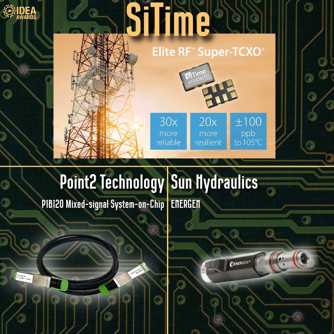 PowerMotionTech's tweet image. Let’s give a round of applause 👏 to @SiTimeCorp for winning the electronic components category in the #IDEAAwards! Also, a big congrats to the category’s honorees, #Point2Technology and @sun_hydraulics! Read more: bit.ly/3ZrsMNi.