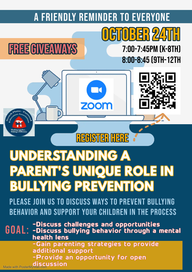 Don't miss this important discussion about Understanding a Parent's Unique Role in Bullying Prevention, October 24th @ 7PM. Click here to Register!#spfproud docs.google.com/forms/d/e/1FAI…