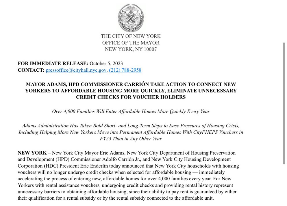 IlanaMaier's tweet photo. NEW: @NYCHousing &amp; @NYCMayor are eliminating unnecessary credit checks for voucher holders. https://t.co/o9tnmqbJ7t