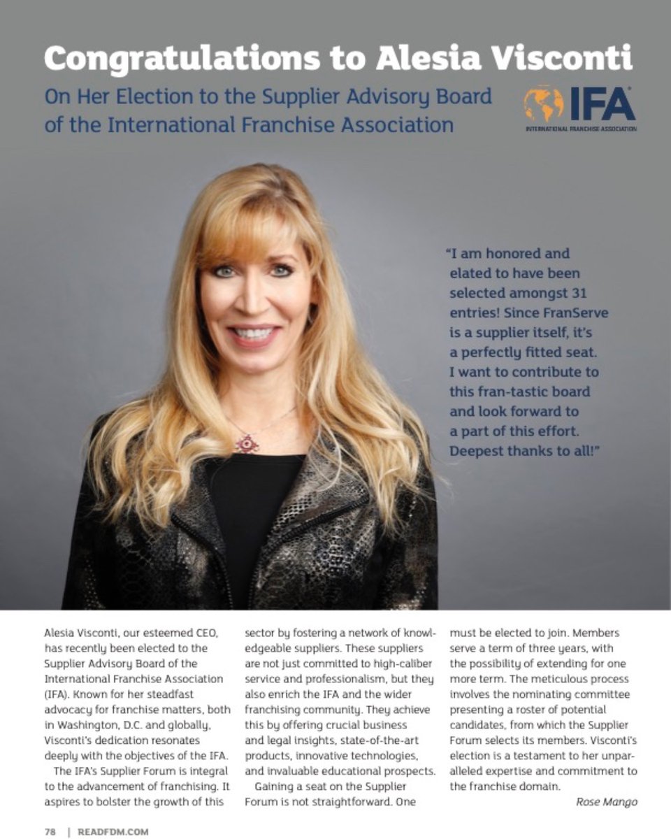 Congratulations to Alesia Visconti On Her Election to the Supplier Advisory Board of the International Franchise Association.  Read her story here: fdm.franchisedictionarymagazine.com/books/xhqy/#p=…
#readfdm  
#franserve