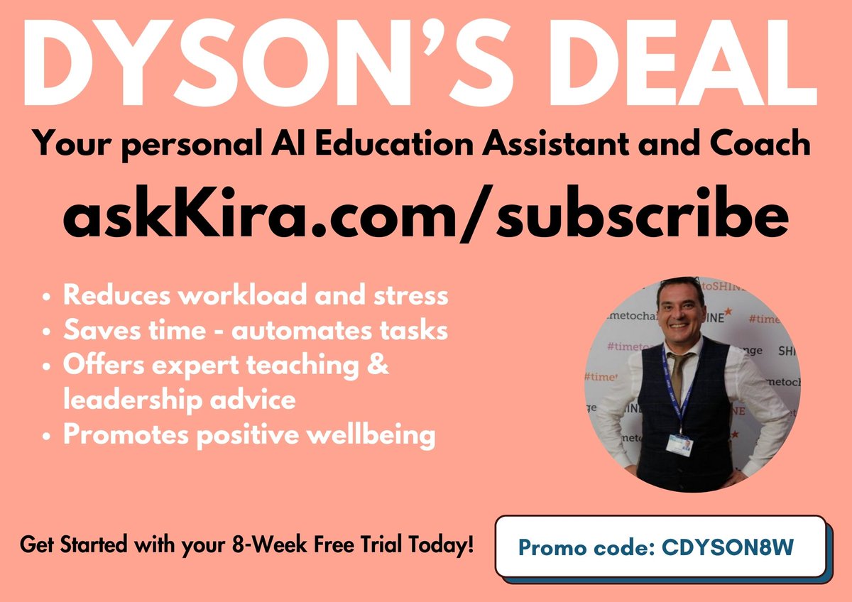 chrisdysonHT's tweet photo. Oh yes here is a special deal for all #EduTwitter ... 8 weeks free, free yes free - @askkiraai is an #EduTwitter #AI tool that has been 'fed' by 50 CEO's, HT's, teachers, ECT's and is 100% guaranteed to slash your workload - or you cancel, simple #CDYSON8W - check the video below https://t.co/8VVdG2J20V