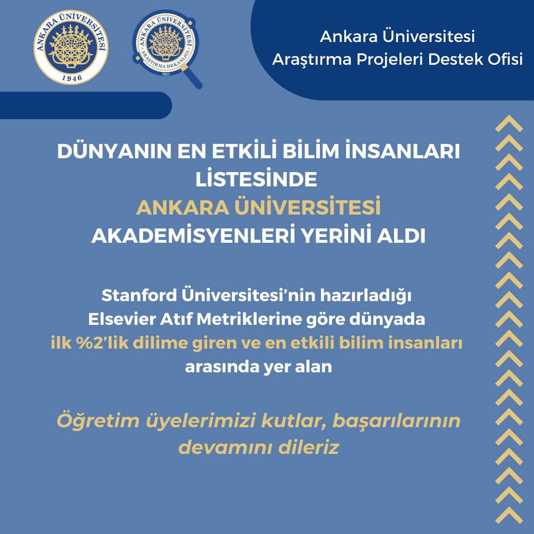 ankarauni_pdo's tweet photo. 🏆🏆Ankara Üniversitesi'nden 22 Akademisyen Dünyanın En Etkili Bilim İnsanları Listesinde %2’lik Dilimde!

@AnkaraUni 
@necdetunuvar 
@auardek 

@AnkaraUnivDis 
@ankeczacilik 
@AnkaraUni_Fen 
@Ank_Muh 
@Ankaratip1945 
@AUZF https://t.co/1wR2J3bewT