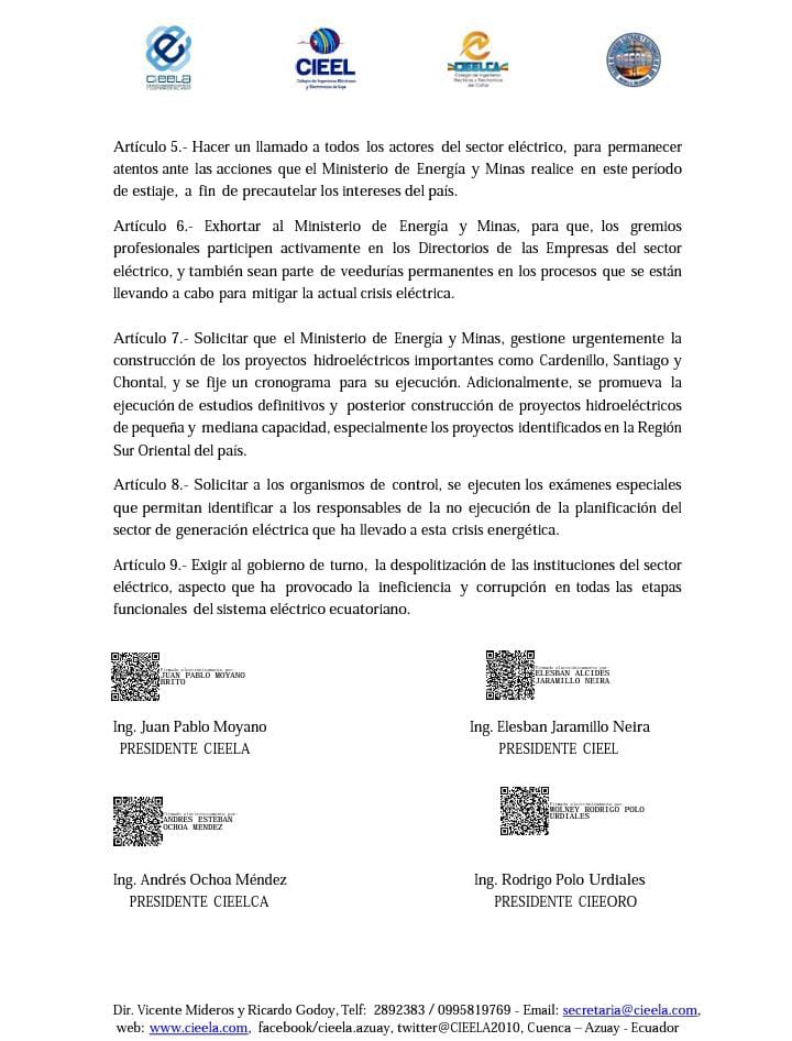 El 27 septiembre 2023, en Cuenca se realizó la Mesa Redonda “CRISIS DEL SECTOR  ELÉCTRICO ECUATORIANO”, organizado por los Colegios de Ingenieros Eléctricos y Electrónicos del Azuay, Loja, Cañar y El Oro, con apoyo del Alcalde de Cuenca y el Prefecto del Azuay, resolviendo: