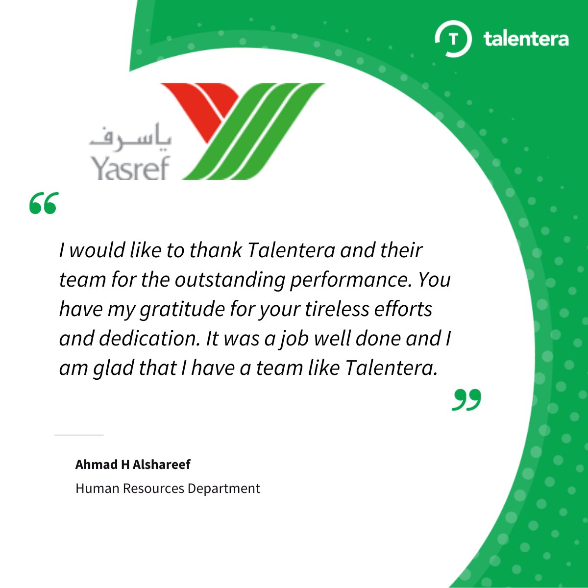 TalenteraATS's tweet photo. We're delighted to share this heartfelt testimonial from Ahmad H Alshareef, part of the Human Resources Department at Yasref.

Ahmad, your kind words mean the world to us. We're dedicated to supporting your success every step of the way. 🚀 https://t.co/1E9oTA599K