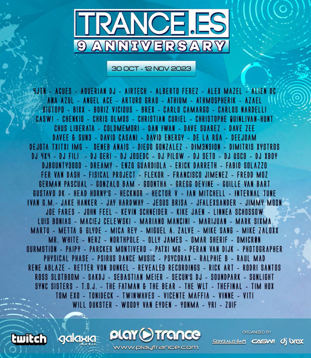 ⚠️ BOOM ⚠️

Line-up FINAL del maratón de nuestro Noveno Aniversario, que tendrá lugar del 30 de Octubre al 12 de Noviembre en <a href="/PlayTranceRadio/">PlayTrance Radio-TV Spain</a> 😎

Disfruta con más de un centenar de artistas nacionales e internacionales que te harán vibrar con todos los estilos de trance!