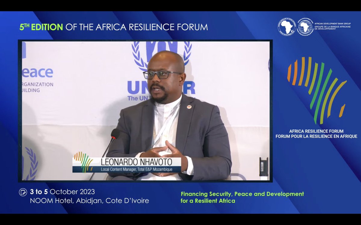AfDB_Group's tweet photo. Infrastructure and connectivity will boost livelihoods in northern Mozambique and help those communities become less dependent on Total E&amp;P.  – @LeonardoNhavoto, Local Content Manager, Total E&amp;P #Mozambique #ARF2023 #FinancingPeace #FinancingSecurity https://t.co/gUckNNYB71