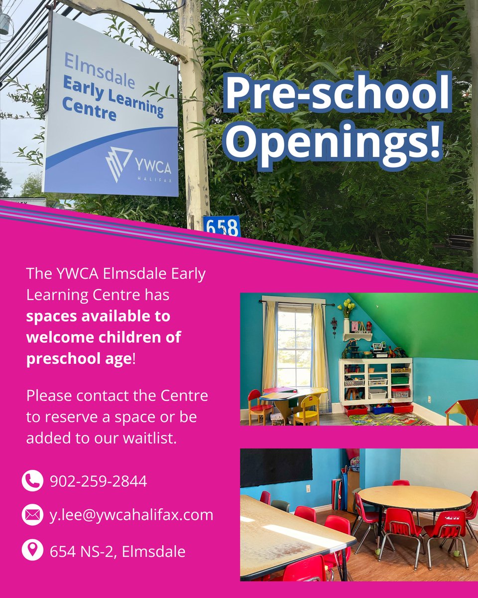 The YWCA Elmsdale Early Learning Centre has spaces available to welcome more children of preschool age! Please contact the Centre by phone or email to reserve a space or to learn more about the centre. Phone: 902-259-2844 Email: y.lee@ywcahalifax.com, Yuna Lee, Manager