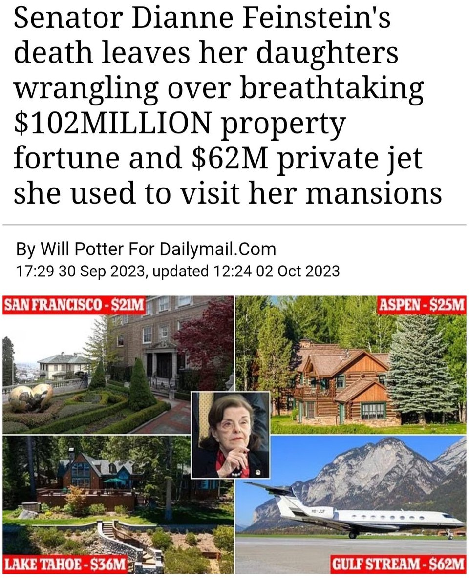 The  Senators Salary is about $174,000 This salary has remained unchanged since 2009.
Senator #DianneFeinstein  death leaves her daughters wrangling over breathtaking $102MILLION property fortune and $62M private jet she used to visit her mansions