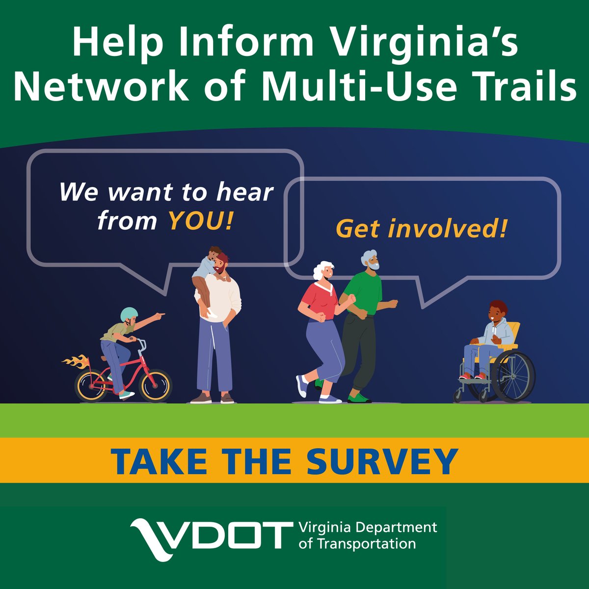 VaDOT's tweet photo. Hey, Virginia! The State Trails Office invites you to participate in the Statewide Trails planning process. Your feedback will help lay the groundwork for a network of multi-use trails in the Commonwealth.

Take this 5 minute survey to share your input: https://t.co/mlyx6qCtwp https://t.co/getPe00v72