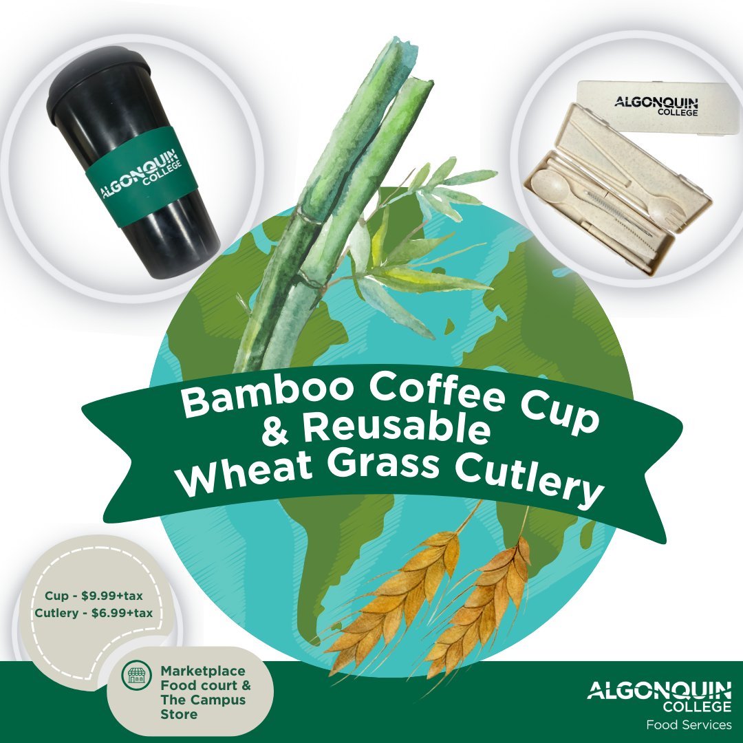 ACeating's tweet photo. Look for the Bamboo Coffee Cup and the Reusable Wheat Grass Cutlery kit for sale at the Marketplace Food Court and The Campus Store! https://t.co/oT688bV7ts