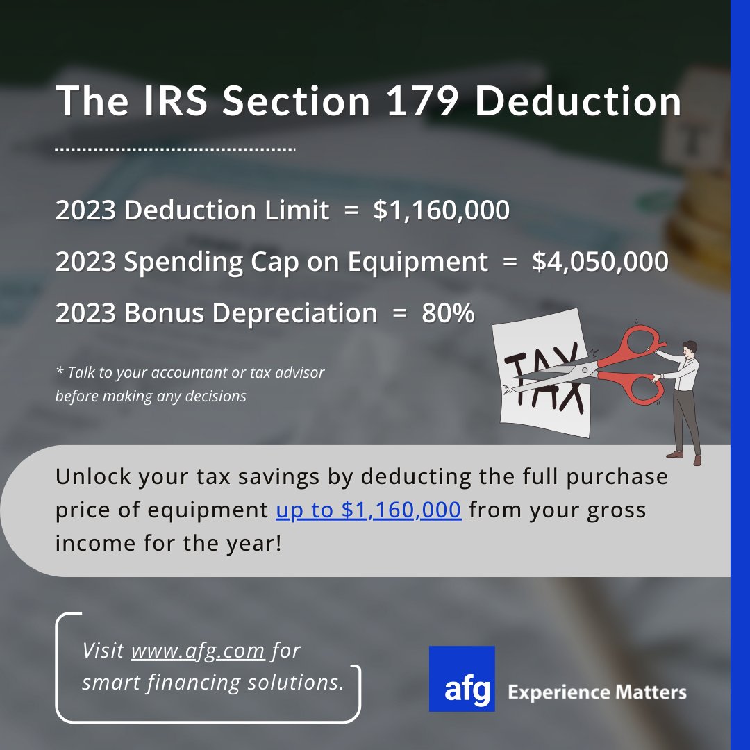 AllianceFunding's tweet photo. The IRS Section 179 Deduction allows you to take the depreciation deduction for equipment you buy or finance in its first year. Maximize your savings with AFG Solutions.

Visit https://t.co/mrh5ktD9oH to calculate your tax deduction. https://t.co/75eAk50xrM