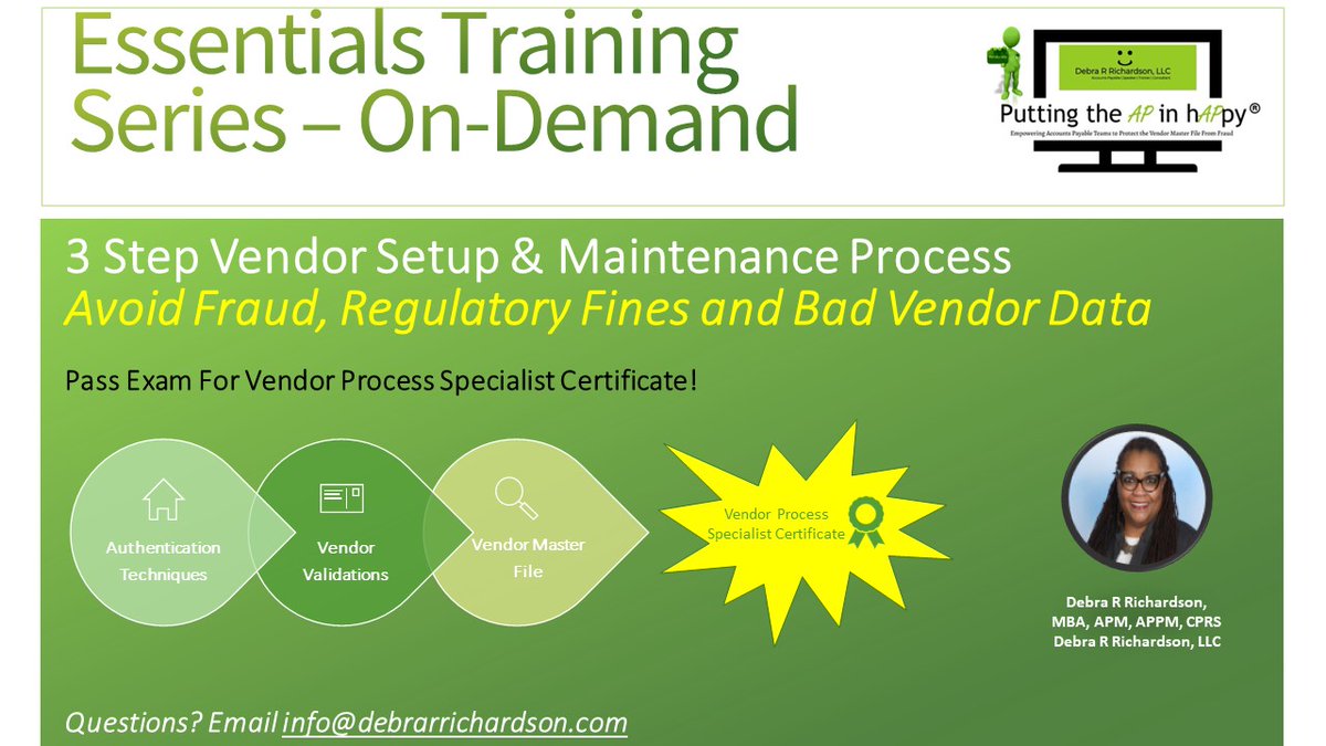 APinhAPpy's tweet image. Get training to: Authenticate, Validate, and Manage your vendors to avoid fraud, fines, and bad vendor data. On-Demand. Enroll today: bit.ly/3r3ZDr5
#apinhappy #vendorprocess #vendormanagement #vendormasterfile #bec #accountspayable #cfo #fraud #vendors #suppliers