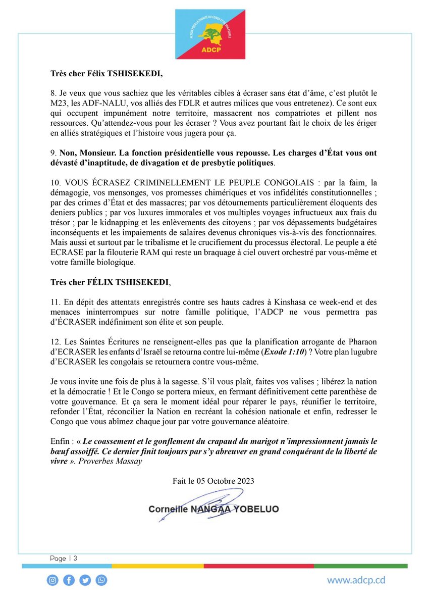 Empechons-le d'écraser à nouveau les congolais ! Monsieur F. Tshilombo faites vos valises ; libérez la nation et la démocratie ! Quand un Président de la République menace d’écraser ceux qu’il est appelé, de par ses fonctions, à conduire au bonheur et à la prospérité, il viole…