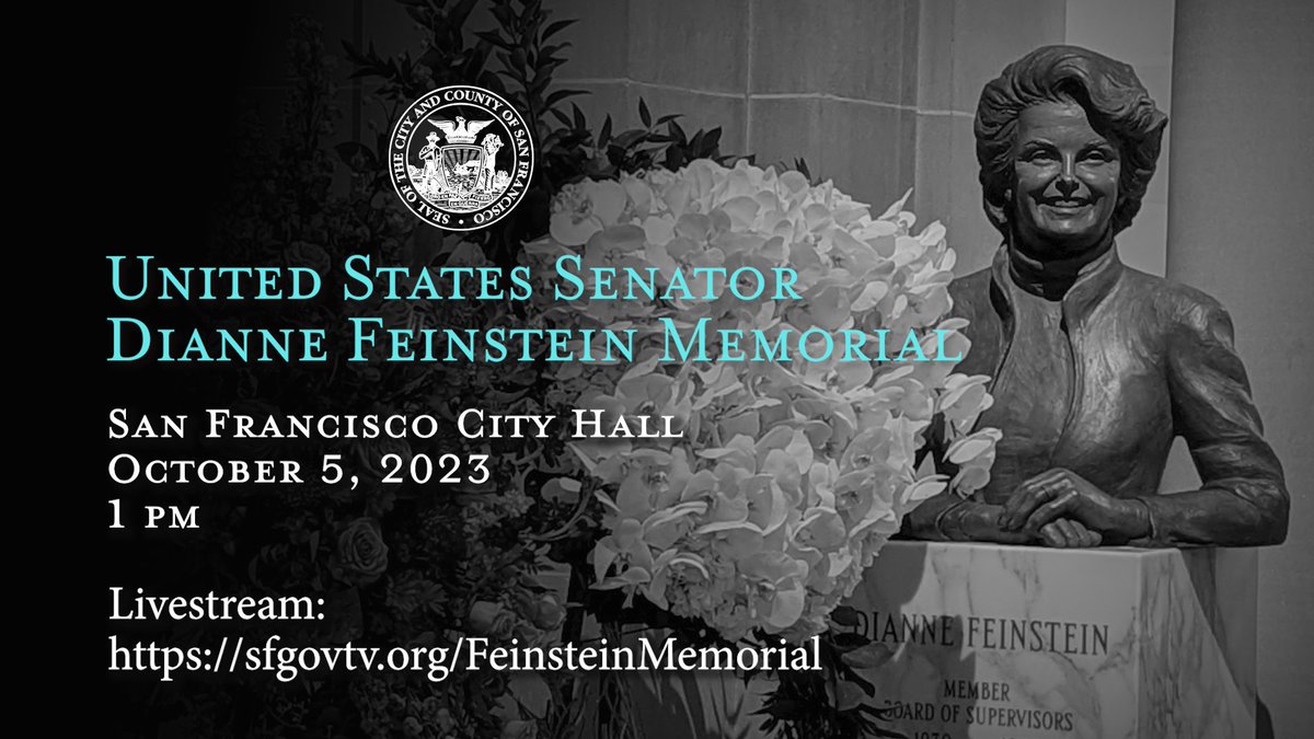 Happening today at <a href="/sfgov/">City of San Francisco</a> City Hall, a memorial for <a href="/SenFeinstein/">Senator Dianne Feinstein</a>. Due to increased security, we are asking the public to view the service here :
➡️ sfgovtv.org/FeinsteinMemor…