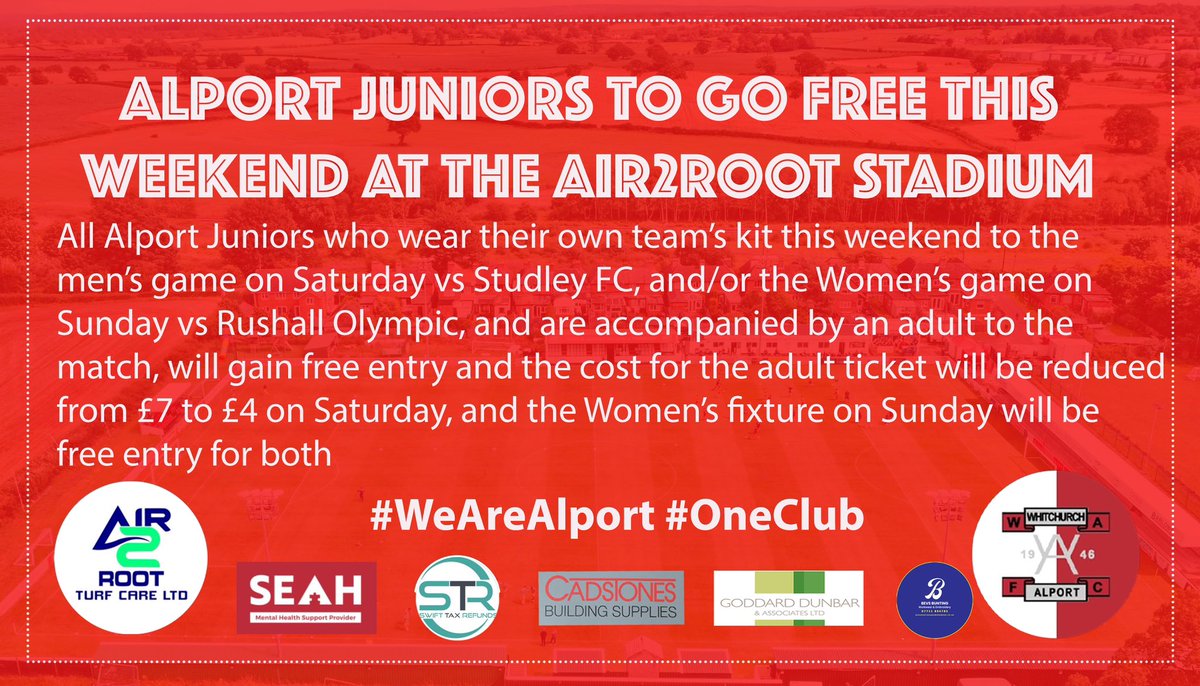 Whitchurch Alport Football Club (@alportfc) on Twitter photo FREE ENTRY FOR ALPORT JUNIOR PLAYERS THIS WEEKEND👇👇
<a href="/AlportJuniorsFC/">Whitchurch Alport Juniors FC</a> <a href="/AlportWFC/">Whitchurch Alport FC Women</a> @air2rootltd #WeAreAlport #TownTeamTogether #OneClub FREE ENTRY FOR ALPORT JUNIOR PLAYERS THIS WEEKEND👇👇
<a href="/AlportJuniorsFC/">Whitchurch Alport Juniors FC</a> <a href="/AlportWFC/">Whitchurch Alport FC Women</a> @air2rootltd #WeAreAlport #TownTeamTogether #OneClub