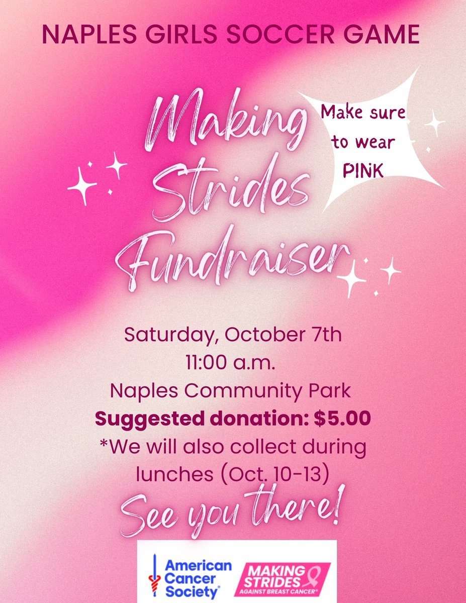 Colleen Betrus (@cbetrus) on Twitter photo October is Breast Cancer Awareness month! Please join us Sat. 10/7 at the Girls Var. Soccer game, where the Interact Club is running a fundraiser for the Naples Teachers’ Making Strides team. Make sure to wear PINK to the game. <a href="/NaplesAthletics/">Naples Athletics</a> #naplescsd October is Breast Cancer Awareness month! Please join us Sat. 10/7 at the Girls Var. Soccer game, where the Interact Club is running a fundraiser for the Naples Teachers’ Making Strides team. Make sure to wear PINK to the game. <a href="/NaplesAthletics/">Naples Athletics</a> #naplescsd