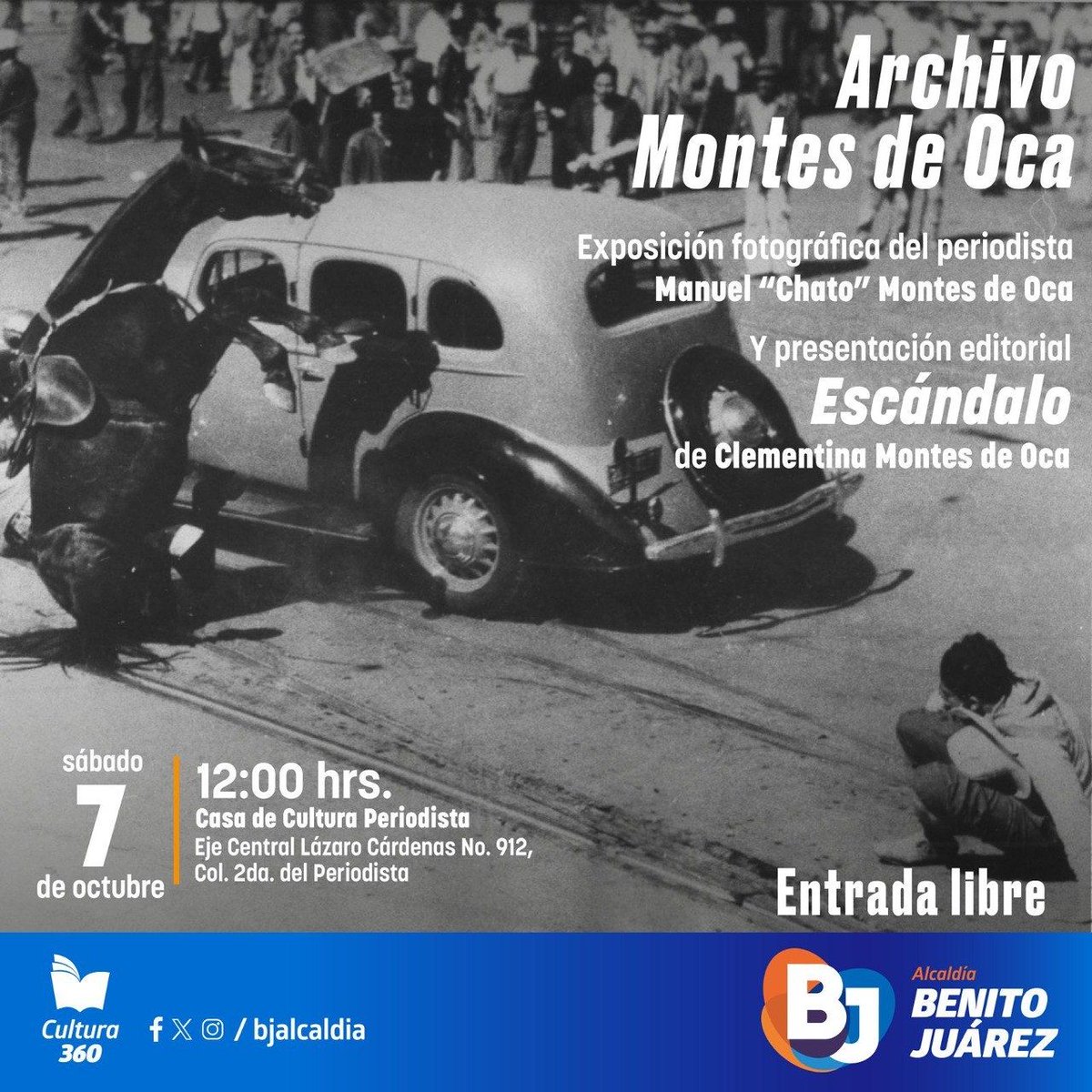 Adéntrate en la mirada del renombrado fotoperiodista Manuel 'Chato' Montes de Oca. Esta exposición fotográfica y presentación editorial revela momentos capturados por la cámara de Montes de Oca. #CulturaBJ📸 📍 Casa de Cultura Periodista 📅 7 de octubre 🎟 Entrada libre