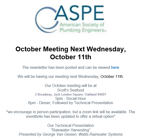 October's newsletter has been posted! We look forward to seeing everyone at the chapter dinner meeting next week.

newsletter link: aspesf.org/newsletter

Eventbrite registration: tinyurl.com/yc7uc2j7

#aspeSF #plumbingdesigner