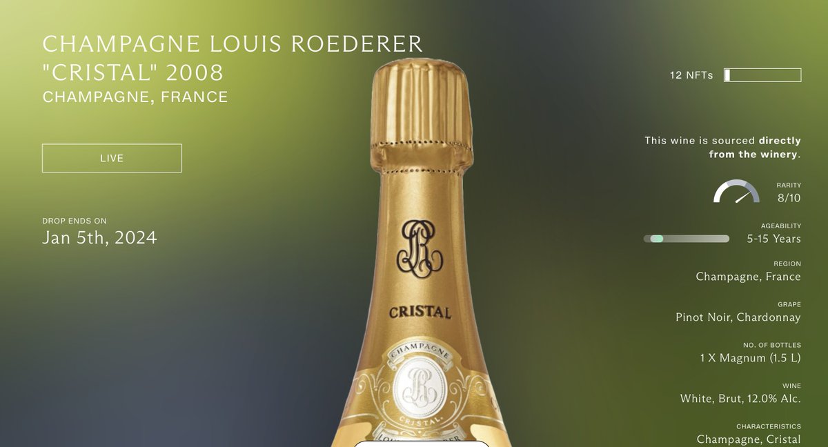 VitaBellaWine's tweet photo. The first #wiNeFT Magnums of Cristal 2008 by #Champagne Louis Roederer. Direct from the Champagne house. Only available on WINECHAIN. #wine #NFT #Blockchain #Metaverse
https://t.co/mYmnJz9AQJ https://t.co/g2erGPKbYV