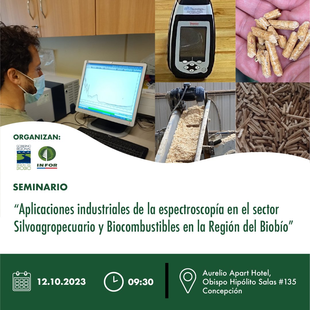 INFOR_Minagri's tweet photo. 📣 INFOR Sede Biobío le invita a participar del Seminario “Aplicaciones industriales de la espectroscopía en el sector Silvoagropecuario y Biocombustibles en la Región del Biobío”
📆 12.10.2023
🕣09:30 horas
Lugar: Aurelio Apart Hotel, Obispo Hipólito Salas #135, Concepción https://t.co/ZmliLtsETP