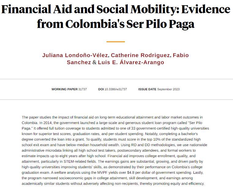 nberpubs's tweet photo. A financial aid program for high-achieving, low-income students in Colombia caused large improvements in educational and labor market outcomes, from @juliana_londono, @cathrodr, @fabiosanchez_to, and Luis E. Álvarez-Arango https://t.co/ZJV4vvXQBN https://t.co/Wmp5PsxQ11