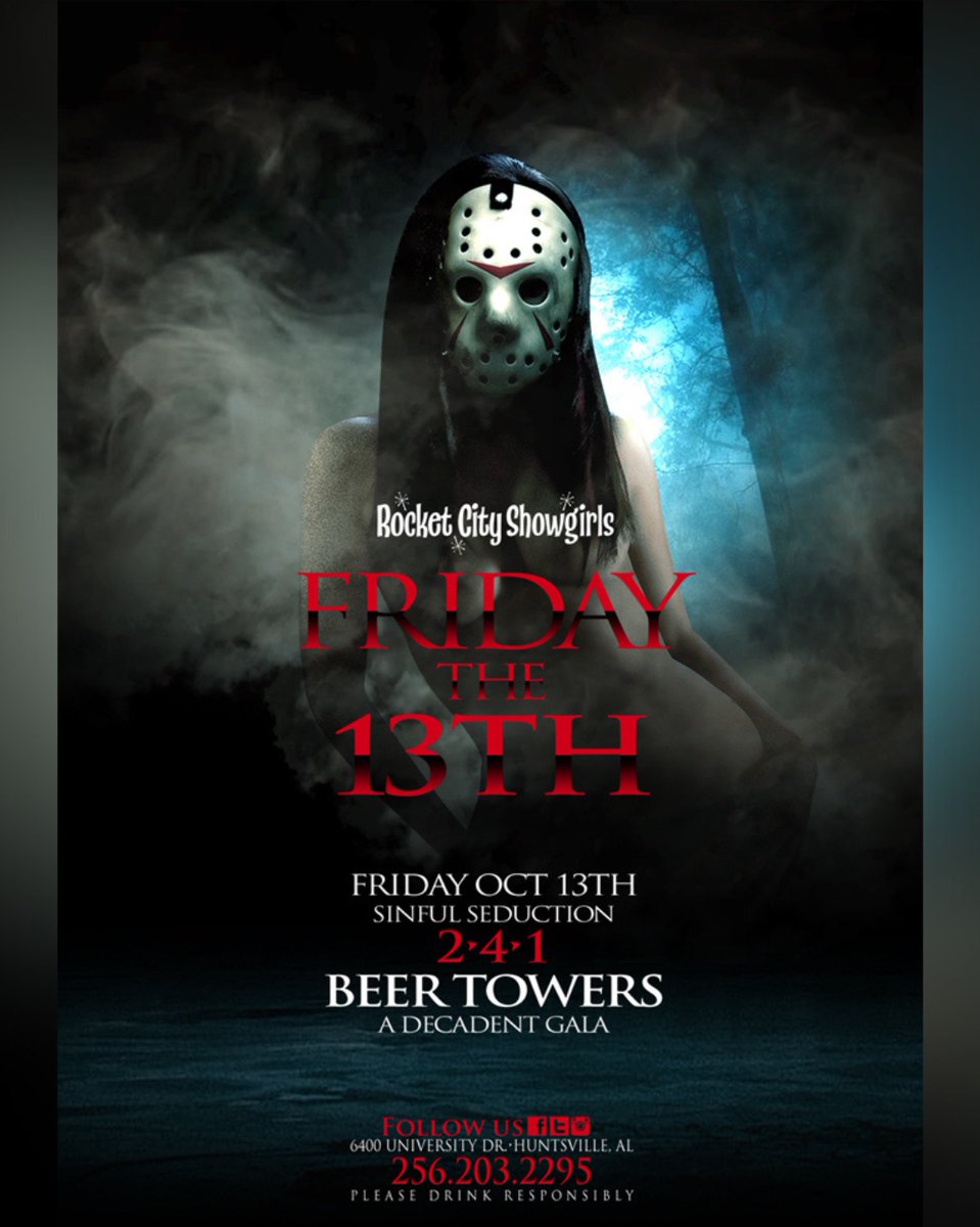 Friday the 13th is your lucky night at @RocketCitySG! 
2-4-1 Beer Towers, sinful seduction, and a decadent gala. 🍻🍸 
Let's have some fun and make it a night to remember! 
.
.
.

#FridayThe13th #RocketCityShowgirls #BeerTowers #Huntsville #Gala #Party #Lucky13
