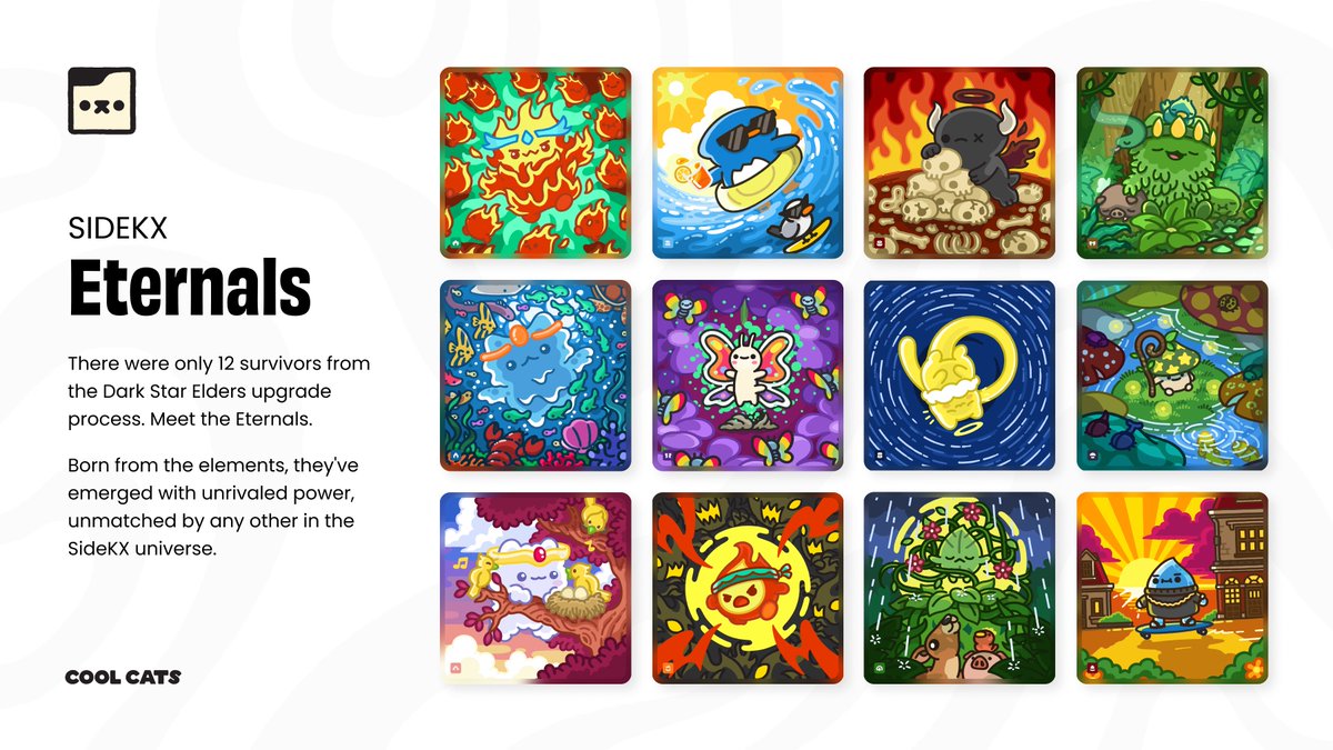 THE FINAL UNREVEALED ETERNALS ARE HERE! 🚨 👀

Only 12 survived the Dark Star Elder’s upgrade process. Meet the Eternals. 👑

Born from the elements, they've emerged with unrivaled power, unmatched by any other in the SideKX universe.

Check out the last three Eternals below! 👇