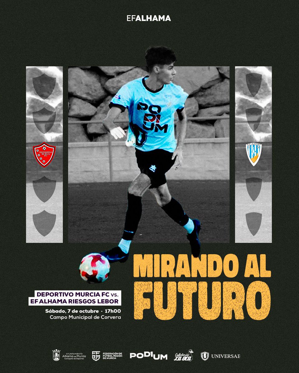 efalhama's tweet photo. ⚽JORNADA 3: DEPORTIVO MURCIA VS E.F. ALHAMA RIEGOS LEBOR⚽

📆 Sábado 7 de Octubre
🕛 17:00H
🆚 @deportivomurciafc 
🏟Campo Municipal de Corvera

@_universae @RiegosLebor 
@Podium @CafeteriaLaOca Gonzolitrans Carpiteria Rojo https://t.co/XFAo3eSXak