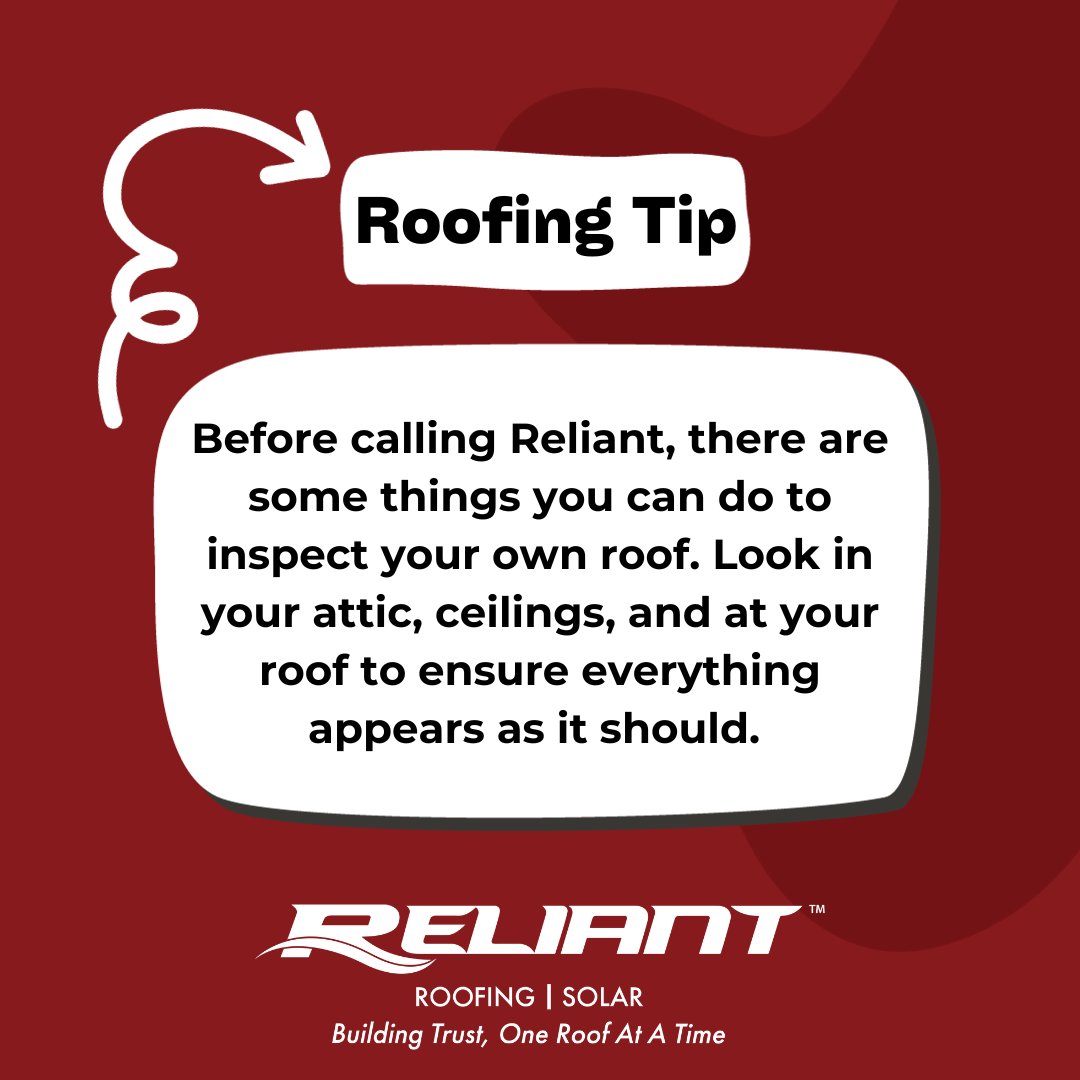 ReliantRoofing1's tweet photo. Before you call Reliant, there are a few easy checks you can do yourself to ensure your roof is in tip-top shape. Stay tuned each Thursday for homeowner-friendly tips that'll help you spot potential issues. We believe in empowering you with knowledge! https://t.co/IRek1HwppX