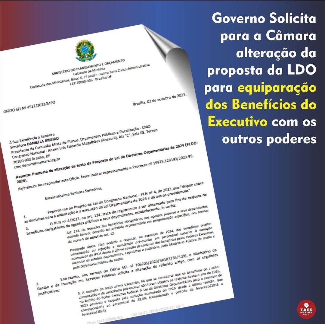 Taesnaluta's tweet photo. A ministra da Gestão e da Inovação, Esther Dweck, encaminhou para a Comissão Mista de Orçamento (CMO), um pedido importante: retirar as travas da PLDO 2024 que limitam os reajustes dos benefícios, como o auxílio-alimentação e o pré-escolar. 
#taesnaluta 
➕️ https://t.co/T0iBqDiKck