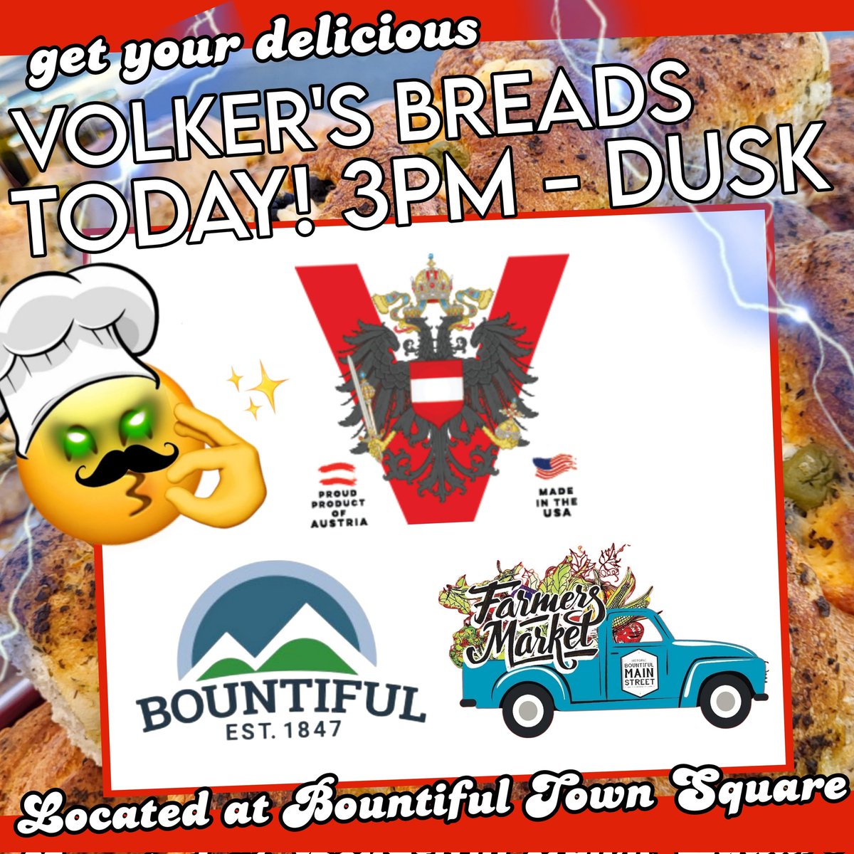 VolkersBakery's tweet photo. π¨π¨βπ³π’ Holy Toledo Batman! We're #VOLT'ING Another New Market for Us Today! β‘οΈ
Join Us Today from 3pm - Dusk (8pm) in #Bountiful #Utah and Try Our Most Delicious and Mouth Watering Breads & Pastries! π₯π₯
#SLC #SALTLAKE #SALTLAKECITY #VOLTARMY #UTAHBREAD #FARMERSMARKET β‘οΈ https://t.co/XMa3GsTK4A