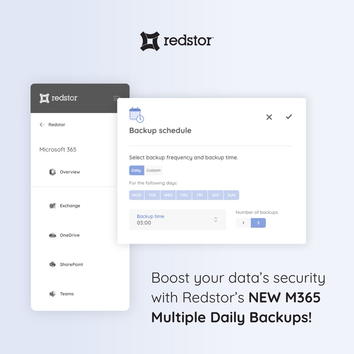 🔐 We're excited to share updates to the Redapp that enhance your backup capabilities. Enable Multiple Daily Backups for your customers today and experience 3x daily protection for all M365 services.

Enhance your backup today bit.ly/3PRuKDC

#M365 #DataBackup