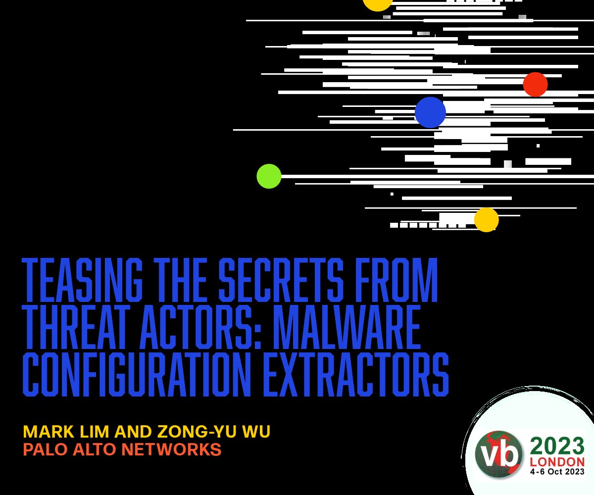 Unit42_Intel's tweet photo. .@virusbtn's #VB2023 London is happening now! On Oct. 6 (tomorrow) you can  hear PANW Senior Reverse Malware Engineers Mark Lim and Zong-Yu Wu explore selected configuration protection techniques employed by various #malware families. Details here: https://t.co/9f54e4VWMi https://t.co/18FUvccaPT