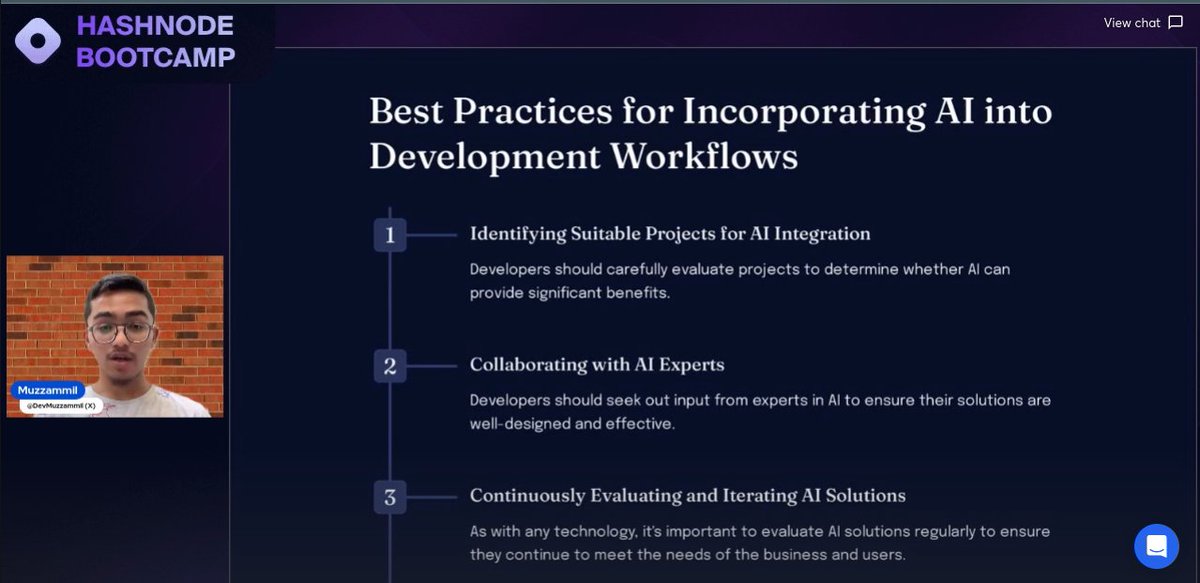 NakityoJoanita's tweet photo. AI is for enhancing jobs and not to replace them. Our final session on leveraging AI with @DevMuzzammil was fantastic. Big thanks to @danizeres and the @hashnode team for this amazing live Bootcamp. Day 4 was phenomenal! Excited for tomorrow! 🎉🥳💃 #HashnodeBootcamp https://t.co/VG7hqflONC