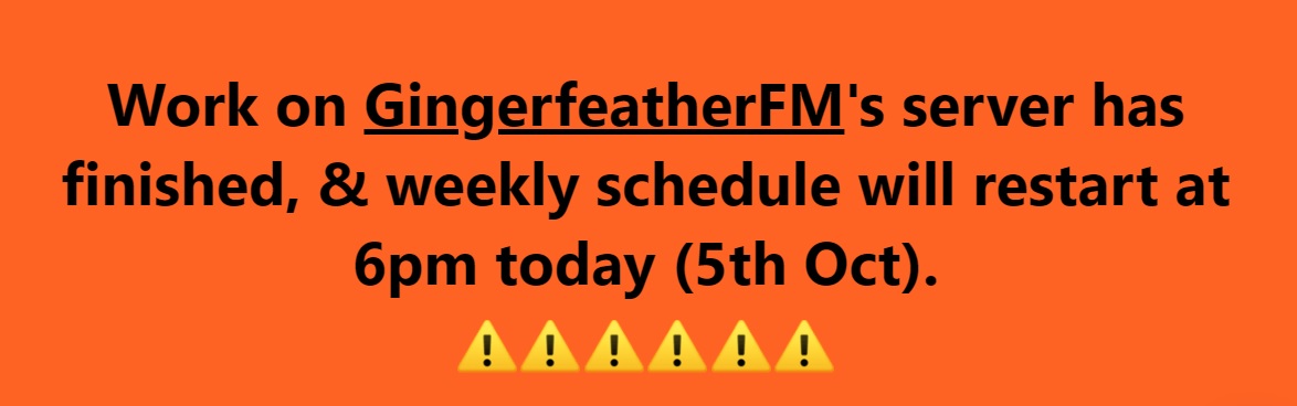 We're back broadcasting with this evening's schedule being - 6pm PC Gone Mad with Philip Cowles 7pm Finbarr's Lost & Faded Chords 8pm Off The Beaten Tracks with Colin 9pm Radio Frankenstein Int 10pm Phil Brady's World of Prog 11pm The Flower Power Hour with Ken & MJ
