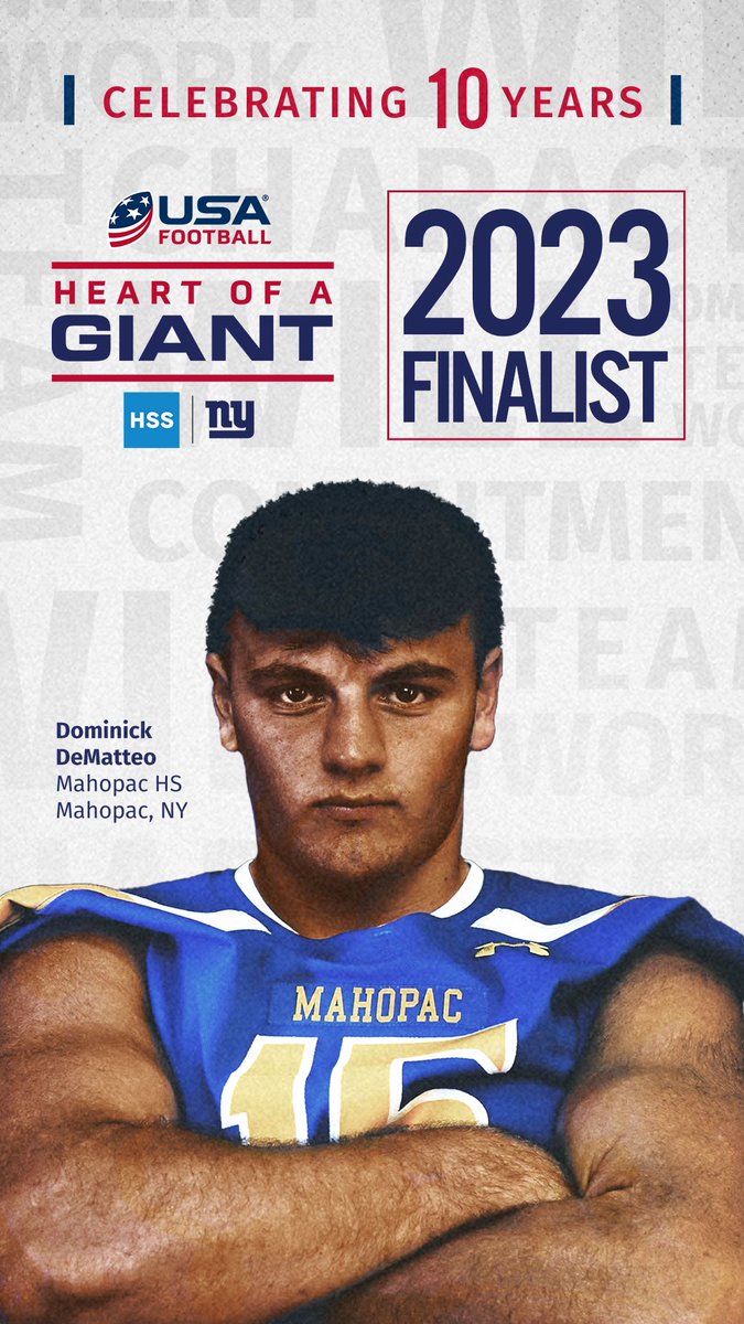 Proud to be the Week 2 Winner &amp; now Finalist for ‘23 <a href="/USAFootball/">USA Football</a> “Heart of a Giant” Award! Thank you to all who supported and voted for me! <a href="/MahopacFB/">Coach DeMatteo</a> <a href="/Mahopac_AD/">Mahopac Athletics</a> <a href="/hoopsmbd/">Mike Dougherty</a> <a href="/KDJmedia1/">Kevin Devaney Jr.</a> <a href="/DirectRays/">Ray Gallagher 🇺🇸</a>
