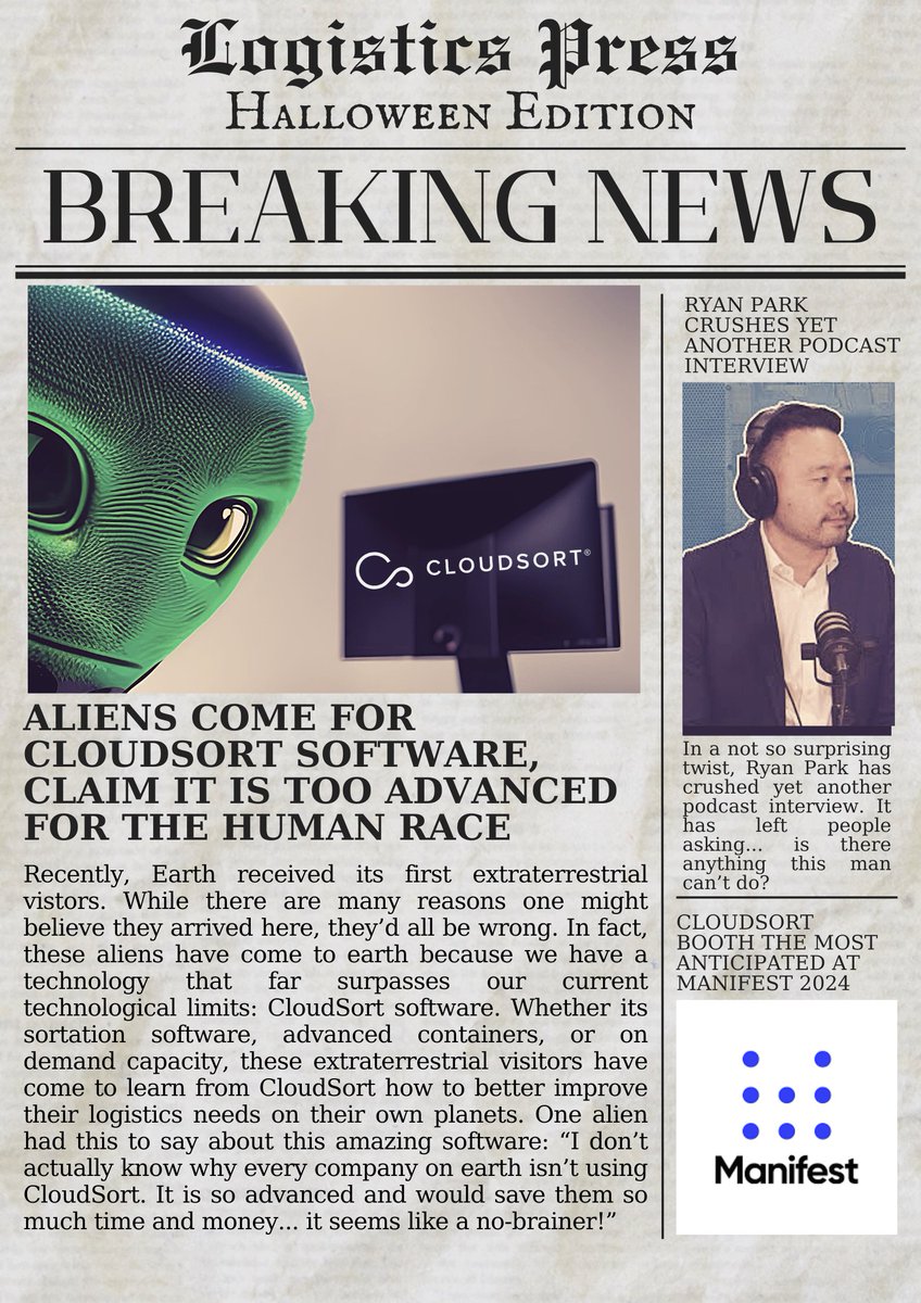 cloudsort's tweet photo. Welcome to the first edition of the Logistics Press! Every Thursday in the month of October, we'll be posting a new edition with stories around the logistics industry. All of these stories are definitely real (they're not) and are not just fun Halloween related tales (they are). https://t.co/bQx70xDMKV